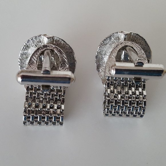 Cufflinks Vintage Swank Moonglow Cat's Eye Silvertone Metal Mesh Wrap** - Picture 7 of 10